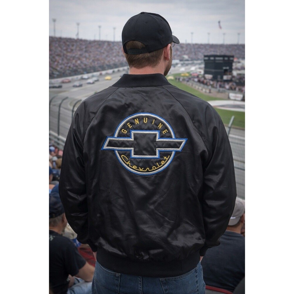 Chevrolet Chevy West Ark Black Satin Bomber Jacket Mens Large USA Vtg Geniune